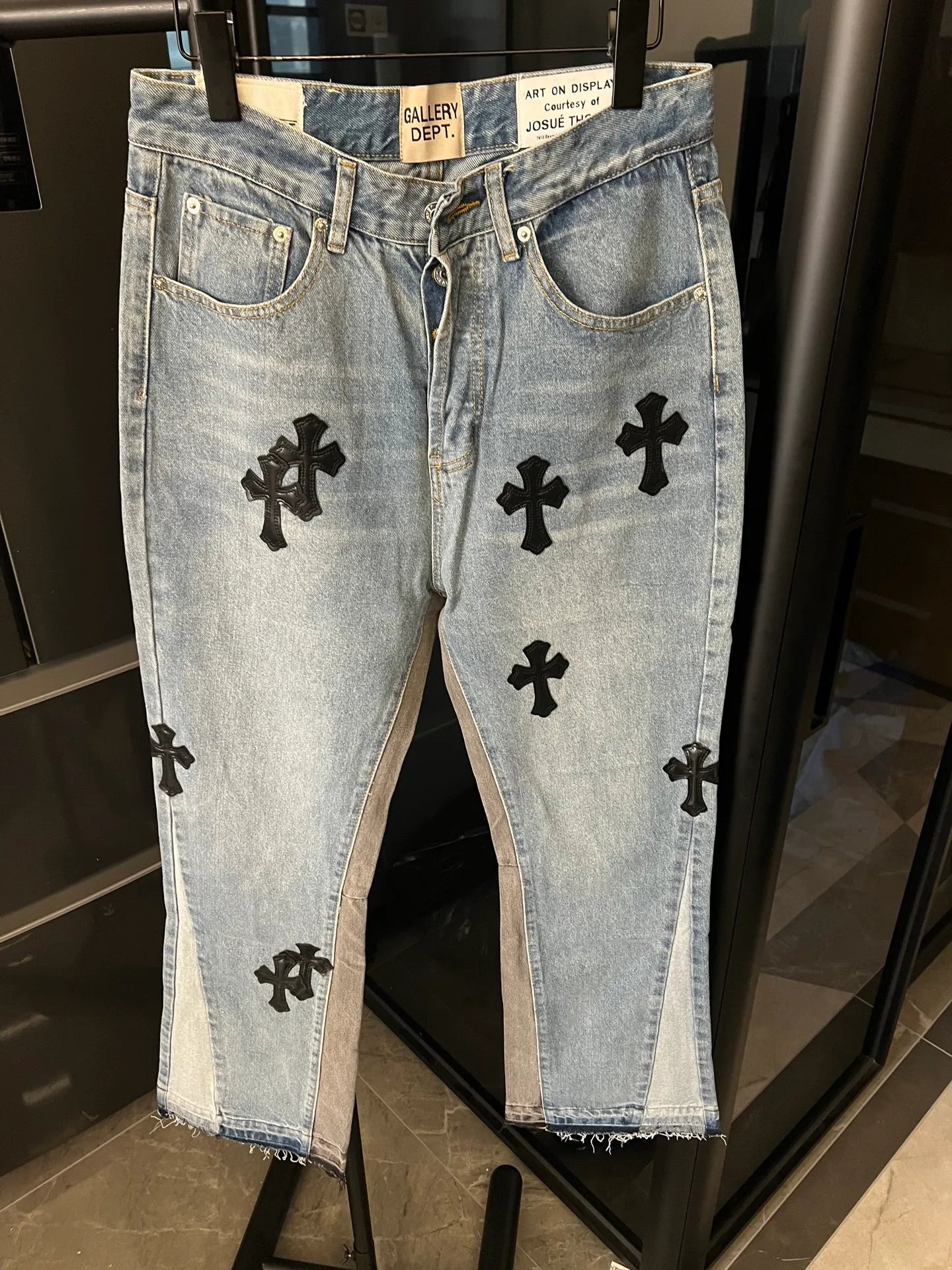 P260 [next day] Chrome hearts/Chrome hearts GALLERY DEPT cross-leather joint stitching jeans (blue) Size: 28 30 32 34 (corresponding to s-xl) Detailed sizes can be found in Figure 9